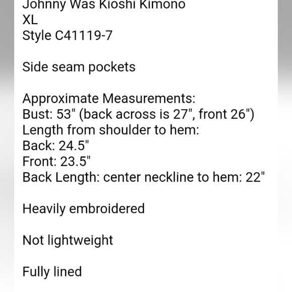 Johnny Was Kioshi Kimono XL - Picture 7 of 11